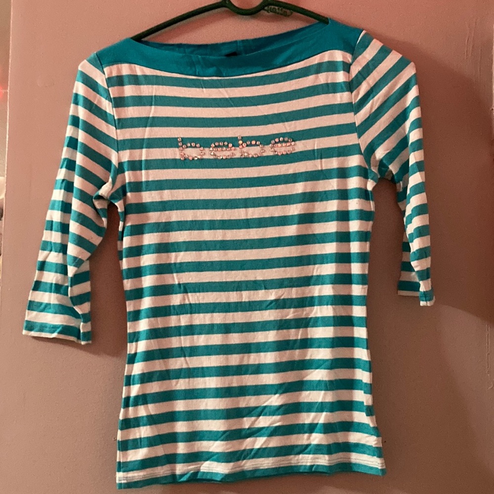 BEBE LOGO STRIPED RHINESTONE TEE